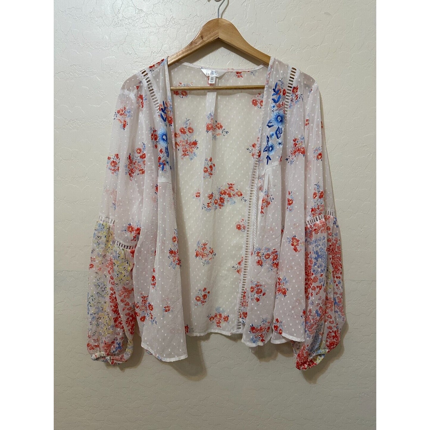 Y2K Boho Western Open Front Cardigan Sz 2X Balloon Sleeves Floral Beachy Travel