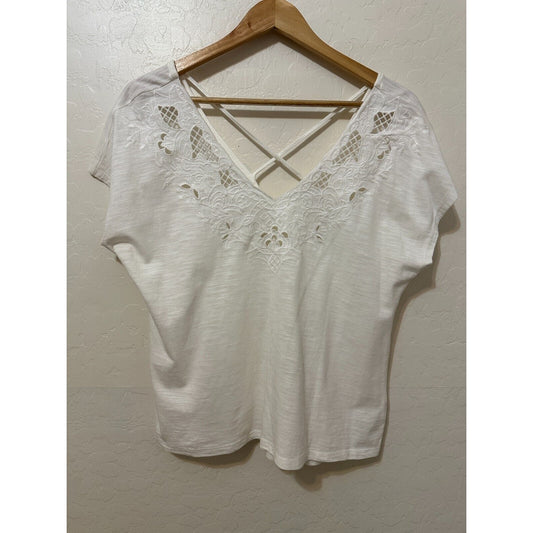 Boho Western Woman Deep V neck Embroidered Top Sz L Beachy Resort Travel Cruise