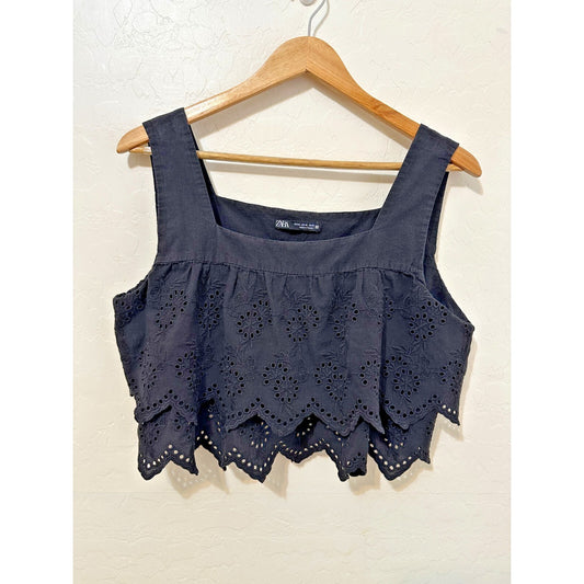 Zara Woman Ruffle Cropped Top Sz XL Boho Festival Western Travel Cowboy Coquette