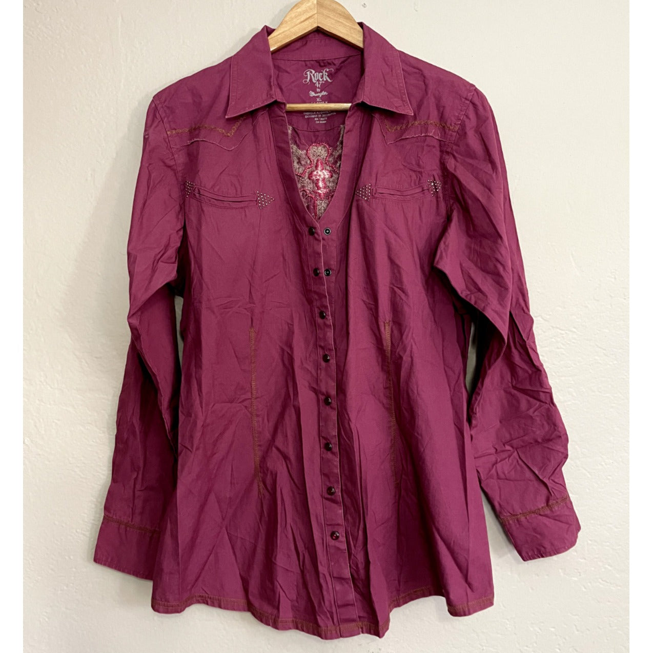 Rock 47 By Wrangler Womans Button Up Long Sleeve Top Sz XL Cowboy Western Ranch