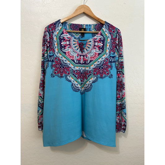 JM Collectiton Womans Top Long Sleeve SZ XL Boho Western Hippie 70s 90s Travel