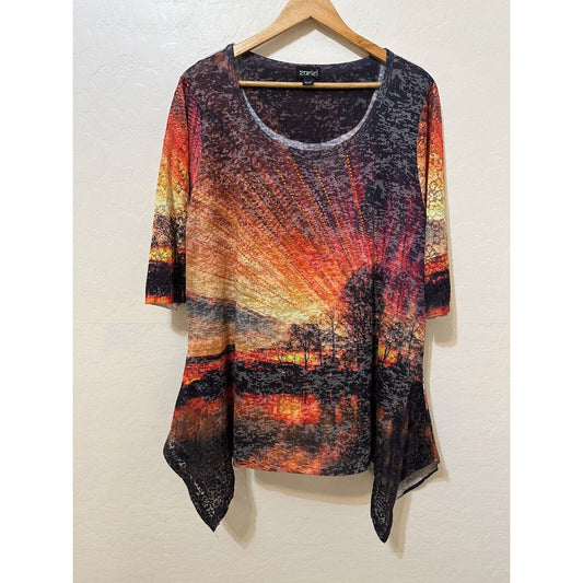 Zuriel Womans Top Size 2X Sunset Western Asymmetrical Rodeo Cowboy Country Sun