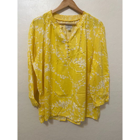 St. Johns Bay Woman Yellow Floral Top 3/4 Sleeve Sz 2X Beachy Travel Office NWT