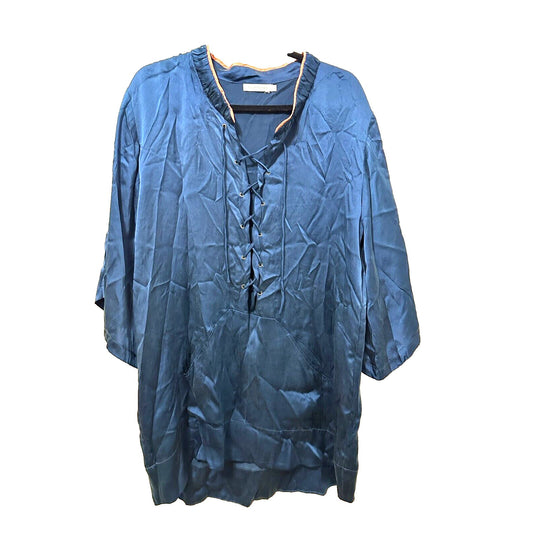 Flannel Womans Silk Tunic Size L 3/4 Sleeve Blue Lagenlook Asian Boho Hippie