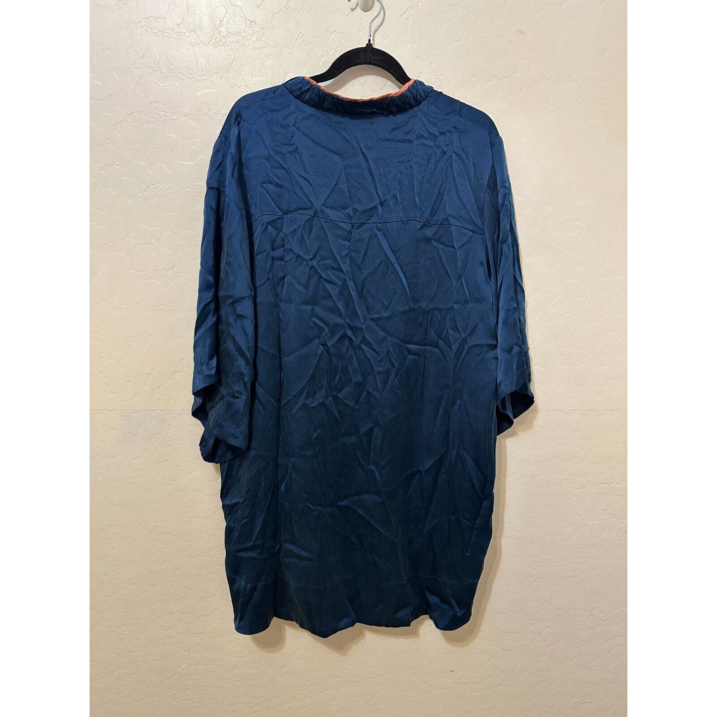 Flannel Womans Silk Tunic Size L 3/4 Sleeve Blue Lagenlook Asian Boho Hippie