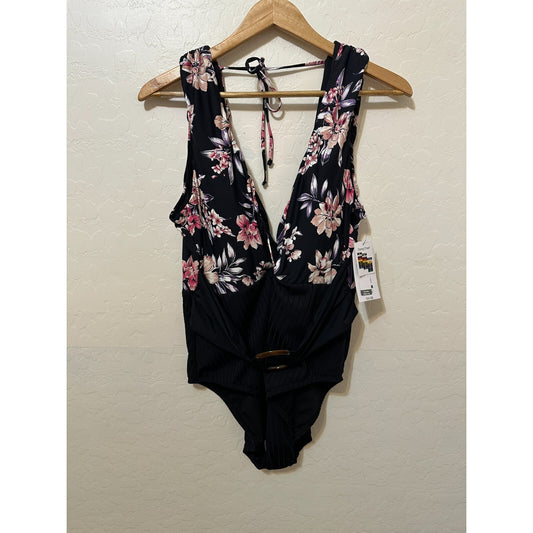 Tropical Floral Deep V neck Once Piece Swimsuit size XL Cheeky High Leg Travel