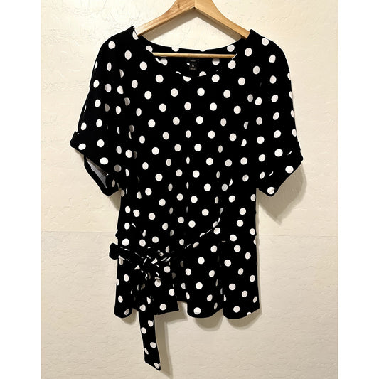 Worthington Womans Polka Dotted Top Size 1X Belted Retro Old Money Y2K Minimal