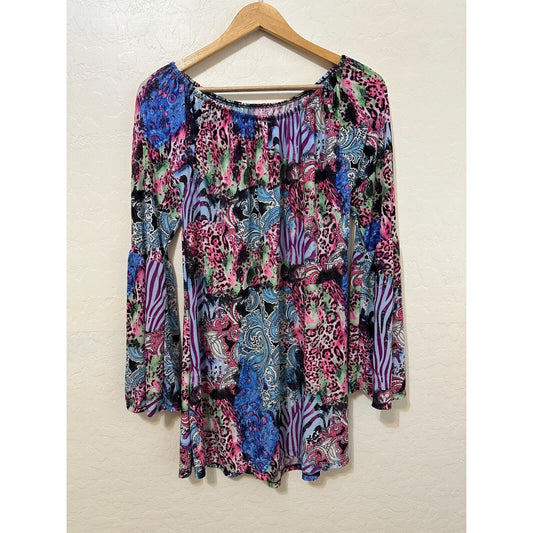 Y2K Artsy Womans Top Size XL Bell Sleeve Boho Eclectic Western Wacky 70s Hippie