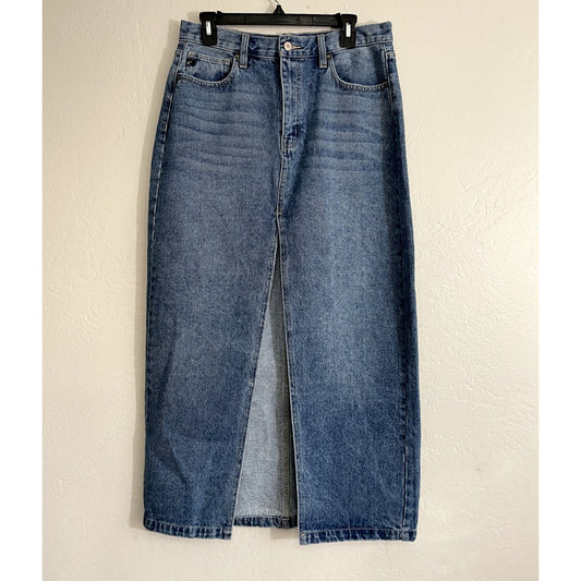 The lifestyled Womans Denim Maxi Skirt Front Slit Straight Y2K Boho Western Blue