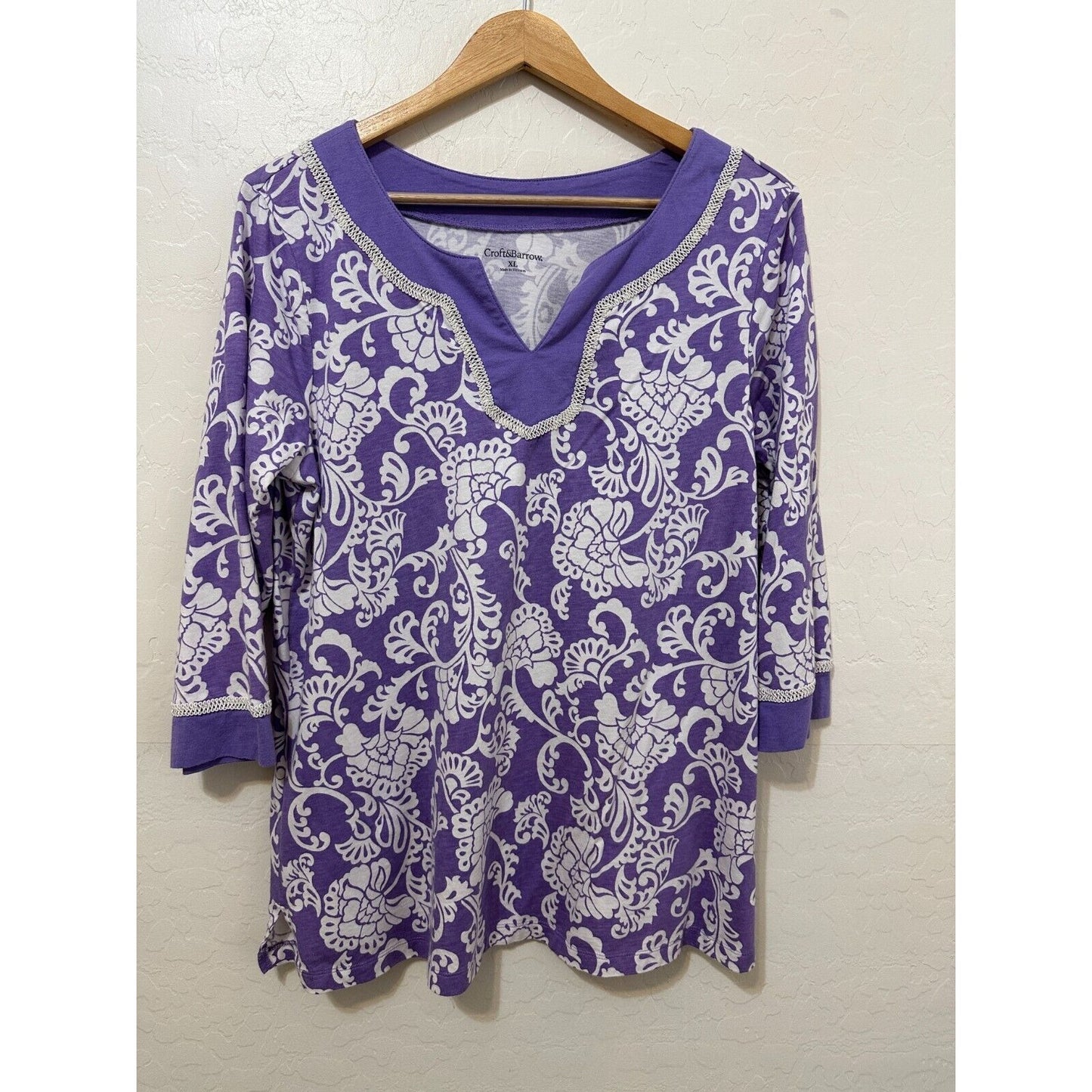 Croft & Barrow Woman Floral Embroidered Top Sz XL 3/4 Sleeve Purple Boho Travel