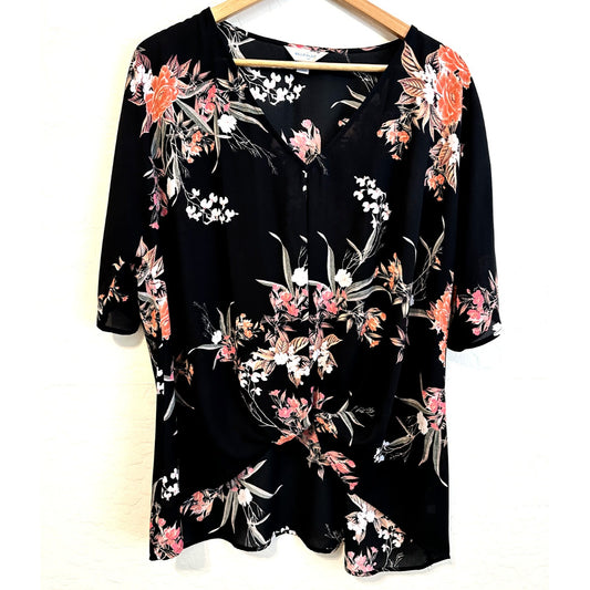 Belle & Sky Womans Floral Tulip Hem Top Size 2X Office Dark Cottagecore Vacation