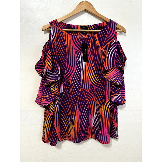 Worthington Womans Ruffle Top Size XL Rainbow Boho Tropical Vacay Festival Y2K