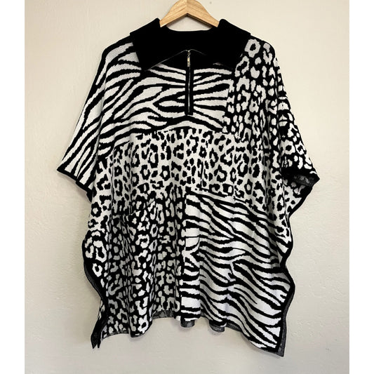 Investments Womans Animal Print Poncho Top Size S/M Oversized Artsy Maximalist