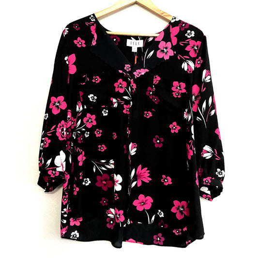 Elle Womans Floral Top Size 2X 3/4 Sleeve V neck Whimsigoth Floral Academia Work