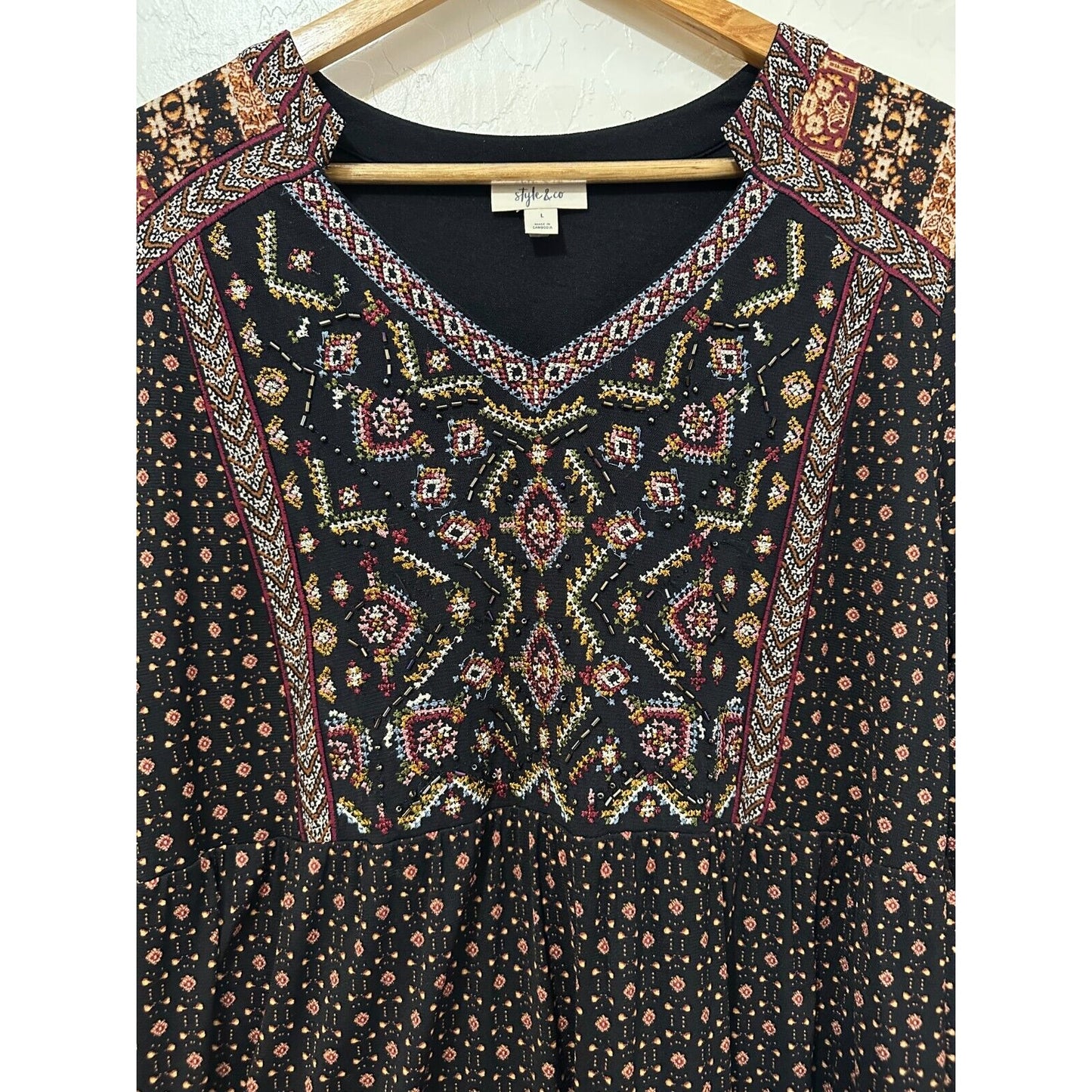 Style & Co. Womans Beaded Dress Size L Boho Western Festival Peasant Beachy 90s