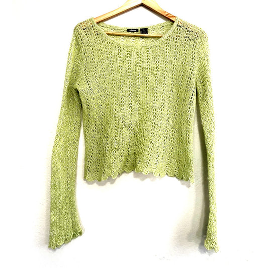 Maurices Womans Open Knit Long Sleeve Top Size XL Y2K 90s 70s Scalloped Trim