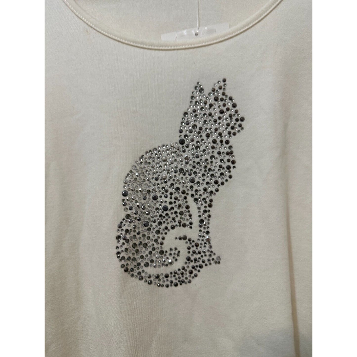 Quacker Factory Womans Top Size 2X Cat Embroidered Rhinestone Bling Meow Casual