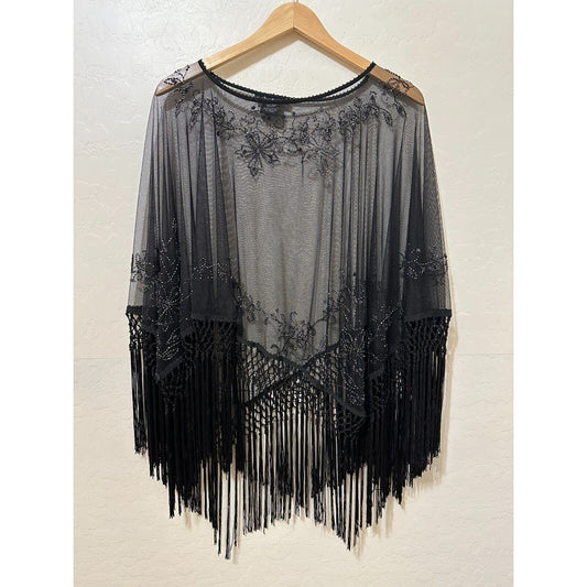 ECI New York Womans Western Festival Poncho One Size Boho Artsy Sheer Fringe