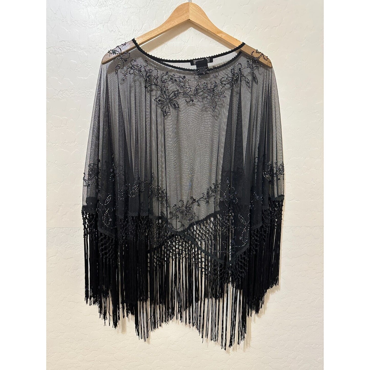 ECI New York Womans Western Festival Poncho One Size Boho Artsy Sheer Fringe