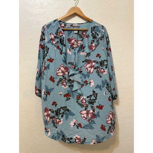 Catherines Womans Floral Top Size 2X Ruffle Motif Career Spring Bloomcore Office