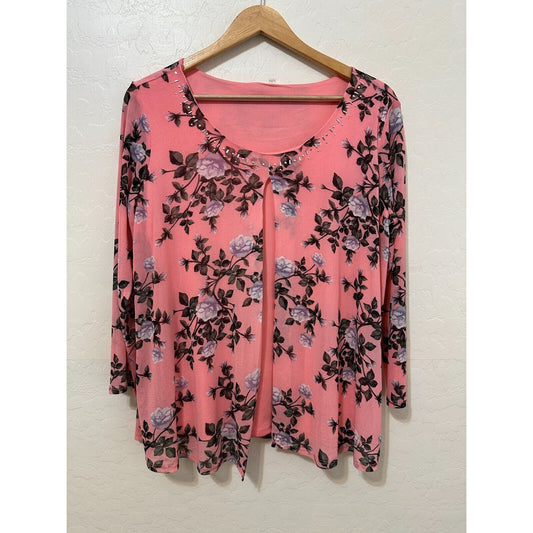 Y2K Womans Floral Top Size M Fairy Bloomcore Garden Church Easter 3/4 Sleeve 90s