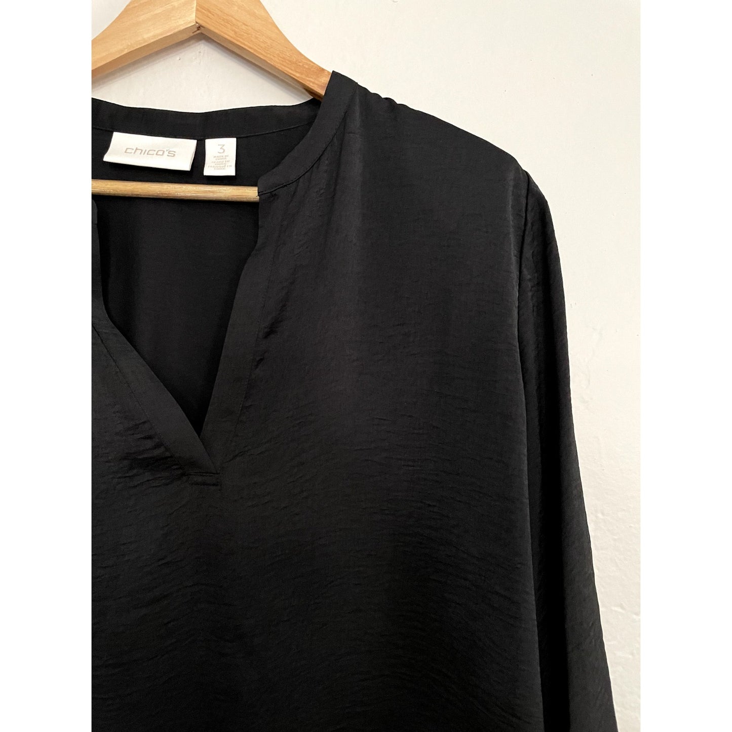 Chicos Womens High Low Top Sz 3 Lagenlook Black Minimal Office Career 3/4 sleeve