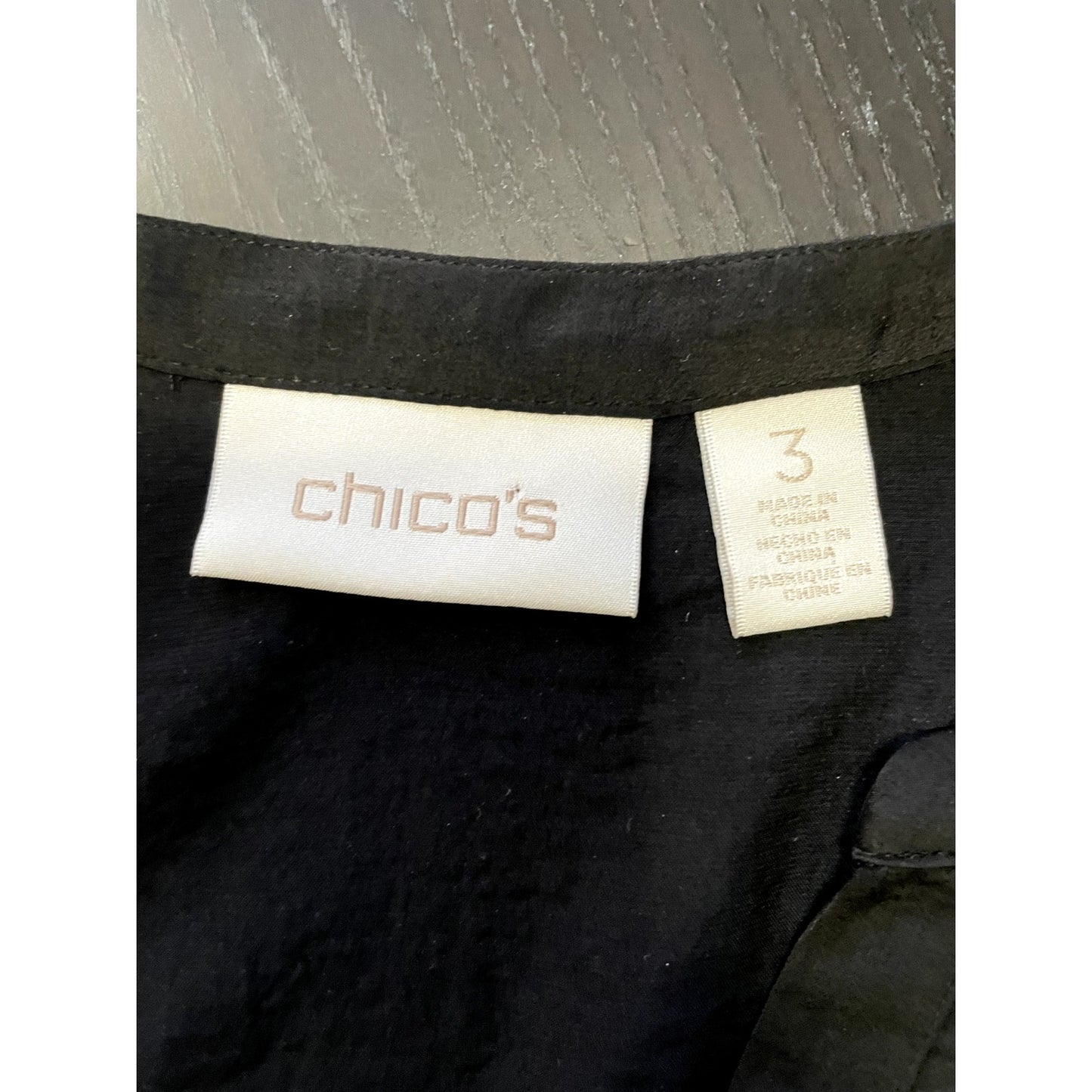 Chicos Womens High Low Top Sz 3 Lagenlook Black Minimal Office Career 3/4 sleeve