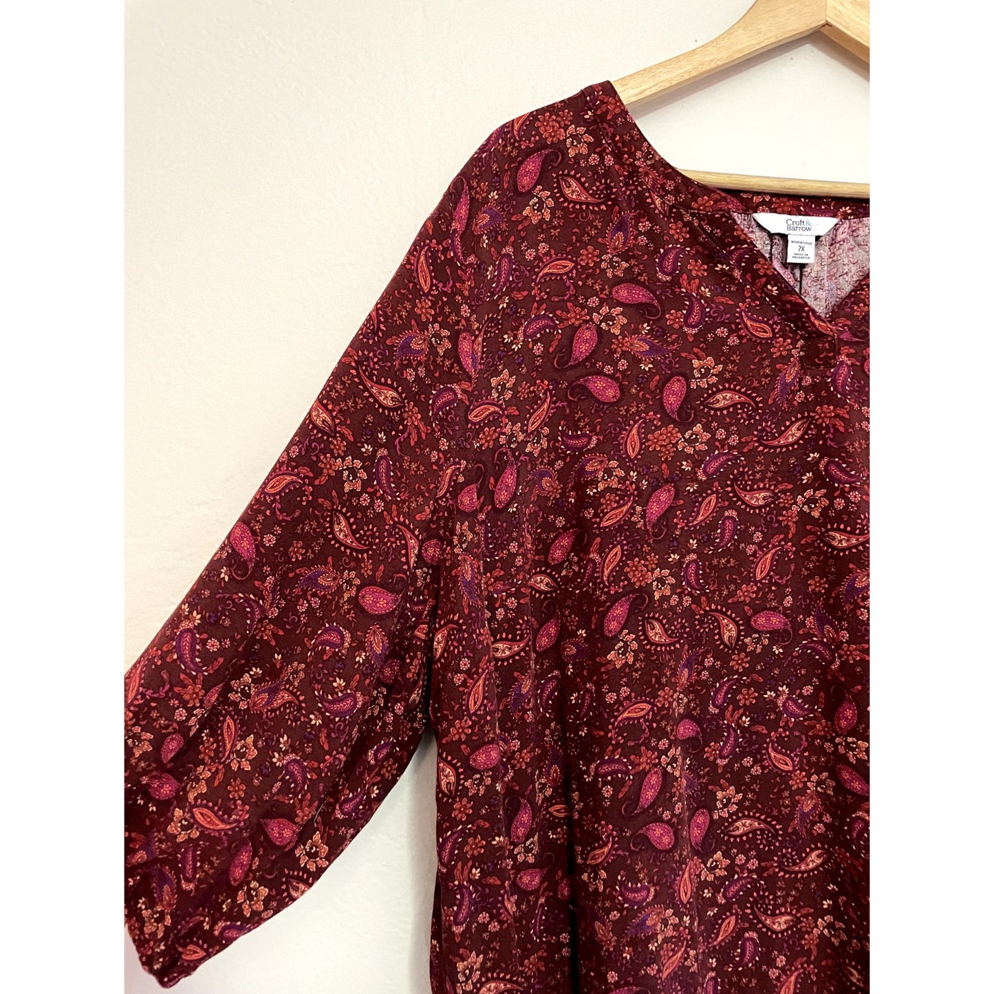 Croft & Barrow Woman's Floral Top Size 2X Holiday Prairie 3/4 Sleeve Hippie