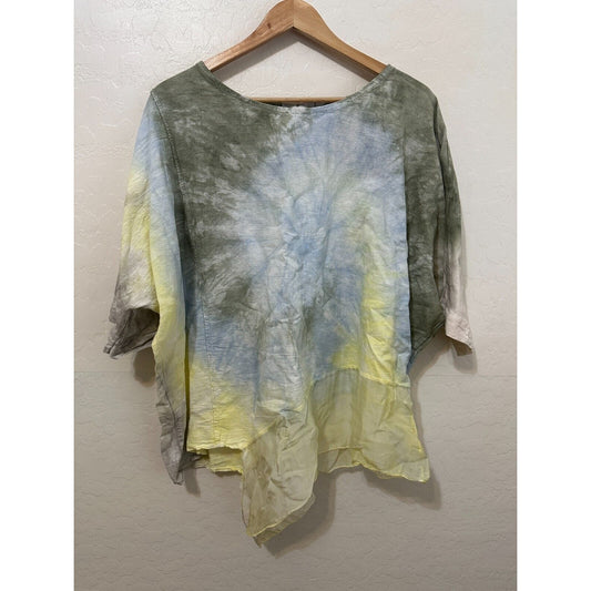 Belle France Womans Tie Dye Top Size XL Linen Silk Boho Lagenlook Y2K Hippie Art