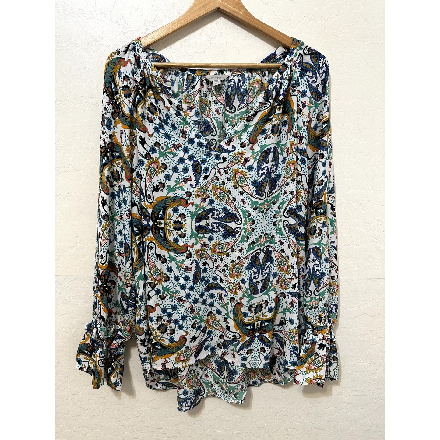 Belle & Sky Womans Long Sleeve Top Size 2XL Peacock Print Boho Artsy  Hippie Y2K